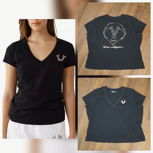 True Religion Womens T Shirt Crystal Script Buddah Logo On Back V-Neck 3X  NWOT - Picture 1 of 6